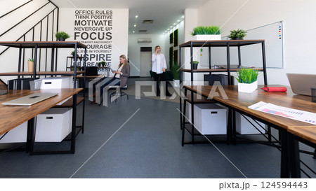 Modern office environment fosters creativity and collaboration among team members in a bright, open Modern office environment fosters creativity and collaboration among team members in a bright, open 124594443