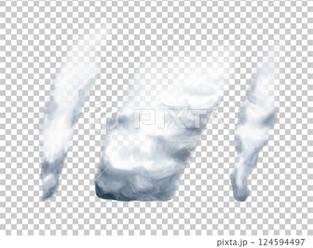 Set of smoke, steam, fume isolated on white. Watercolor vapor illustration changes from grey to transparent steam at the end. Drawn to smoke stacks. Perfect for Heavy industry, global warming designs 124594497