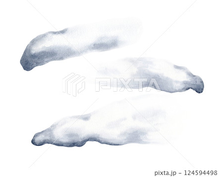Set of smoke, steam, fume isolated on white. Watercolor vapor flutters in the wind. Illustration changes from grey to transparent steam at the end. Drawn to smoke stacks or arrangement with cigarets 124594498
