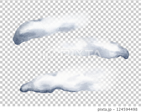 Set of smoke, steam, fume isolated on white. Watercolor vapor flutters in the wind. Illustration changes from grey to transparent steam at the end. Drawn to smoke stacks or arrangement with cigarets 124594498