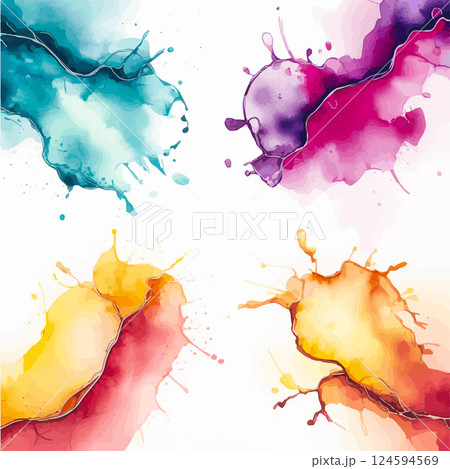 A composition of flowing watercolor ink splashes in blue, pink, and yellow. Expressive artistic liquid shapes. 124594569