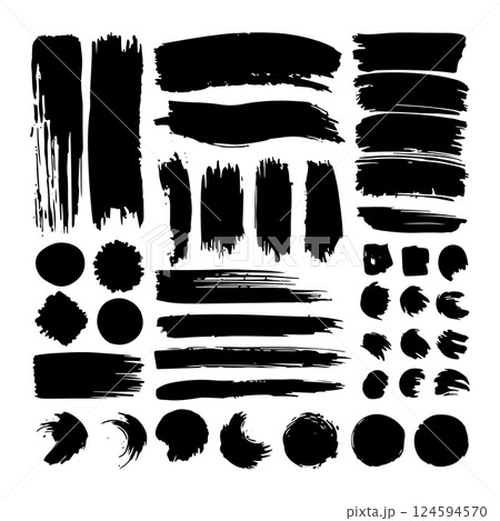 A diverse set of hand-painted brush strokes with bold, textured ink. These organic and free-flowing marks are perfect for abstract designs and modern graphic projects. 124594570