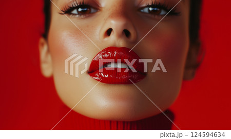 Beauty portrait close-up of attractive young woman with red lipstick, beautiful girl, studio shot 124594634