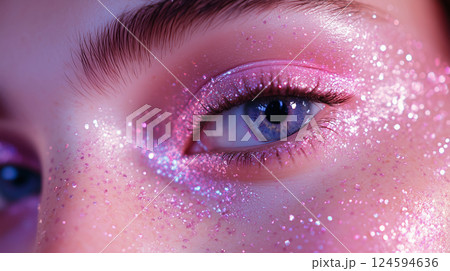 Beauty portrait close-up of woman with glitter makeup, macro eyes, beautiful girl, studio shot 124594636