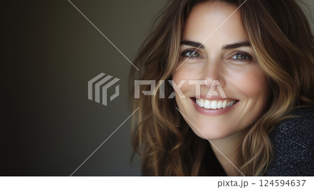 Close-up beautiful brunette mature woman smiles on gray studio background 124594637
