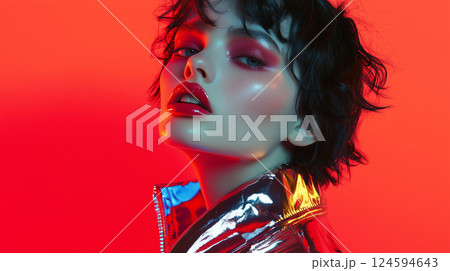 Beauty portrait close-up of attractive young woman with glitter makeup, beautiful girl, studio shot 124594643