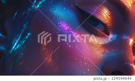 Beauty portrait close-up of woman with glitter makeup, macro eyes, beautiful girl, studio shot 124594644