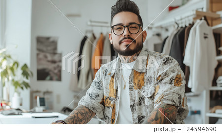 Fashion modern designer Hispanic young man tailor working sewing machine in studio 124594690