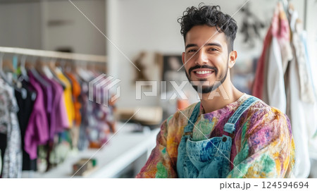 Fashion modern designer Hispanic young man tailor working sewing machine in studio 124594694