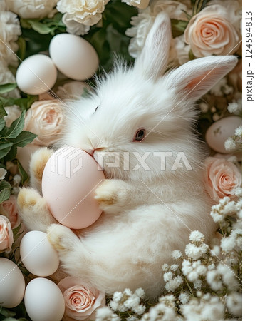 Easter Bunny with a pink egg on among flowers on pink background. Easter Bunny with a pink egg on among flowers on pink background. 124594813