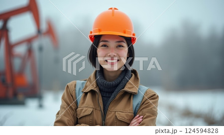 Asian female oilfield technician is at work in winter. 124594828