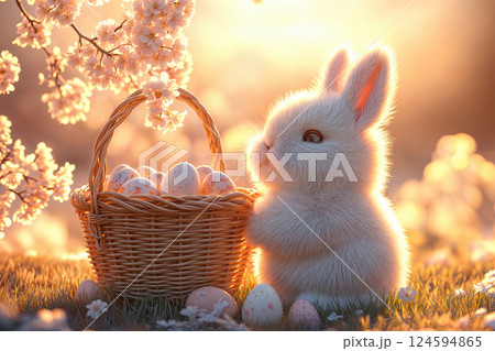 Easter bunny with basket of colorful eggs in a blooming garden. 124594865