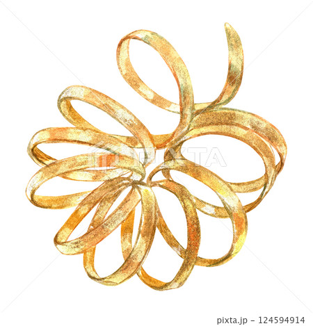 Gold curl from vibrant collection of bows, ribbons. Hand-painted in watercolor with gold paint accents. Isolate element is presented for decorating, designing textile, wallpaper, prints, packaging 124594914