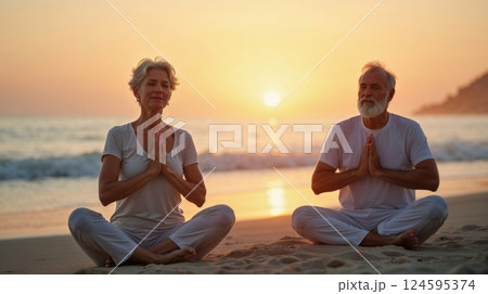 A elderly couple practicing meditation near the ocean 124595374