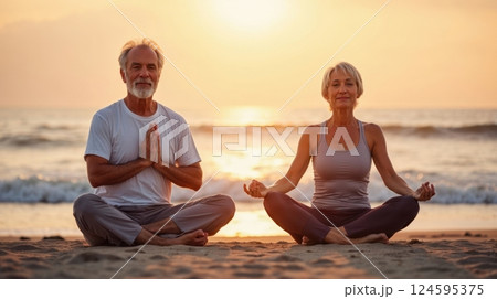 A elderly couple practicing meditation near the ocean 124595375