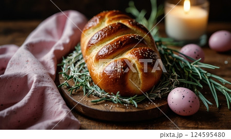 traditional bread with a two colored eggs traditional bread with a two colored eggs 124595480