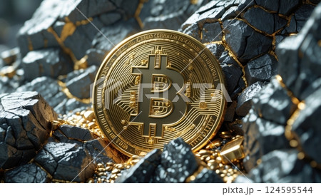 a golden Bitcoin coin partially buried among rugged rock 124595544