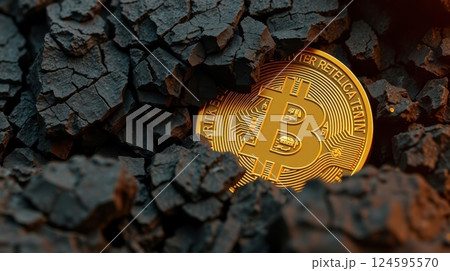 a golden Bitcoin coin partially buried among rugged rock 124595570