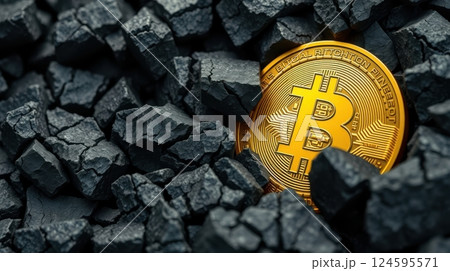 a golden Bitcoin coin partially buried among rugged rock 124595571