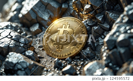 a golden Bitcoin coin partially buried among rugged rock 124595572