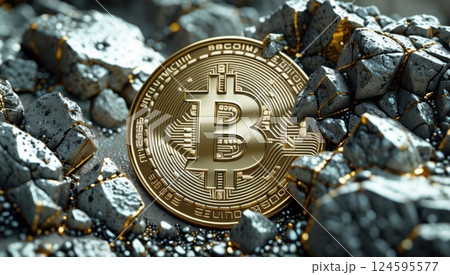 a golden Bitcoin coin partially buried among rugged rock 124595577