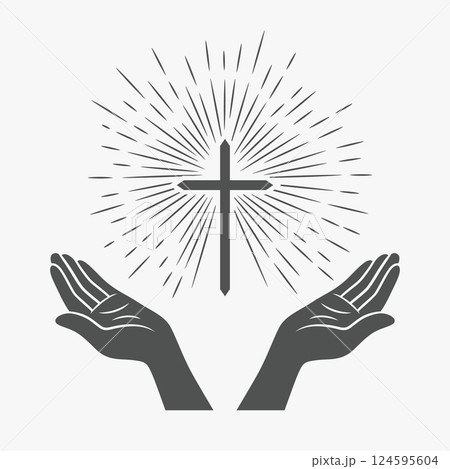 Black and White Open Hands with Cross and Divine Light, Symbol of Faith and Prayer. Design Template for Church Logo. Prayer, Religion Concept Monochrome Cut Out Silhouette Icon. Vector Illustration 124595604