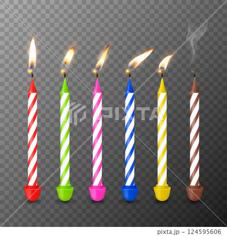 Vector 3d Realistic Birthday Candles With Fire Flames. Colorful Striped Cake Candles Set. Burning Wax Lights, Isolated Party Decorations. Vector Illustration For Birthday Celebration Vector 3d Realistic Birthday Candles With Fire Flames. Colorful Striped Cake Candles Set. Burning Wax Lights, Isolated Party Decorations. Vector Illustration For Birthday Celebration 124595606