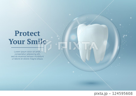 Protect Your Smile. Vector 3D Realistic Tooth in a Protective Bubble Isolated on a Blue Background. Design Template, Clipart, Mockup. Dentistry, Healthcare, Medical, Hygiene, Protection Concept Protect Your Smile. Vector 3D Realistic Tooth in a Protective Bubble Isolated on a Blue Background. Design Template, Clipart, Mockup. Dentistry, Healthcare, Medical, Hygiene, Protection Concept 124595608
