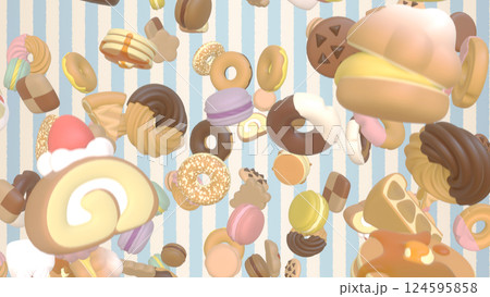 宙に浮いているスイーツ - ストライプ背景 124595858