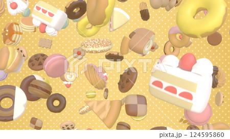 宙に浮いているスイーツ - ドット背景 124595860