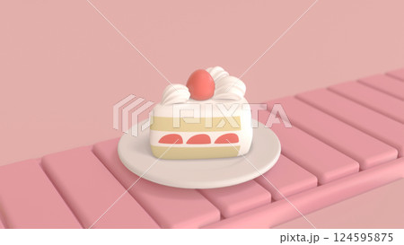 ベルトコンベアの上のお皿に乗ったショートケーキ 124595875