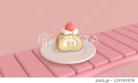 ベルトコンベアの上のお皿に乗ったロールケーキ 124595876