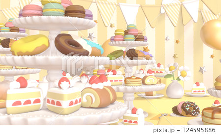 たくさんのスイーツが並ぶパーティ - イエロー背景 たくさんのスイーツが並ぶパーティ - イエロー背景 124595886