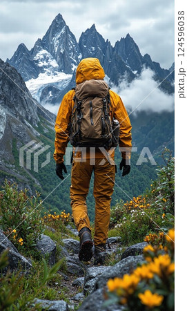 Adventurous mountain trekker in vibrant yellow exploring rugged alpine terrain 124596038