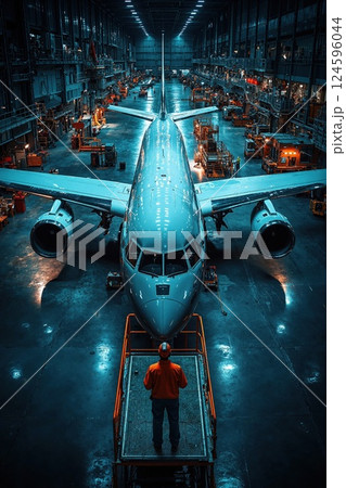 Aviation engineering marvel: large-scale aircraft maintenance in industrial hangar 124596044