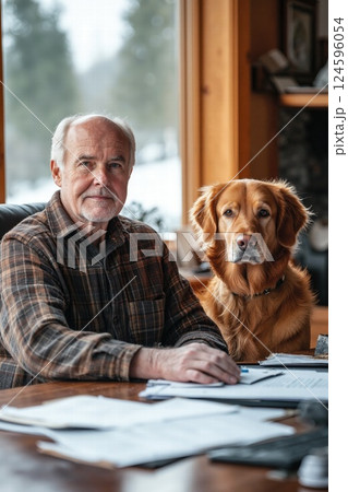 Cozy home office scene with man and golden retriever by wooden desk in winter 124596054
