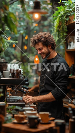 Cozy rustic cafe vibes: barista crafting aromatic coffee amidst lush greenery 124596057