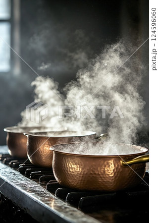 Culinary artistry in copper: steaming pots on stovetop in rustic kitchen setting 124596060