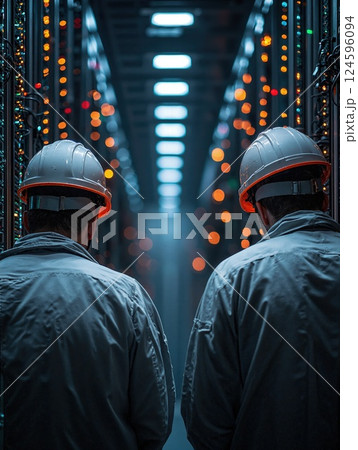 Innovative data center technology management: engineers overseeing servers in secure high-tech environment 124596094