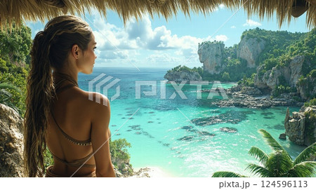 Serene tropical escape: woman overlooking pristine beach from luxury cliffside oasis retreat 124596113