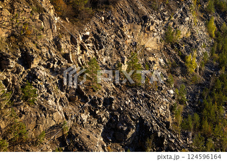 Rocky cliff with rough textures, golden sunlight, and sparse vegetation. The rugged terrain highlights natural erosion, with scattered dry plants and earthy tones dominating the landscape. 124596164