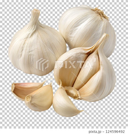 Fresh garlic bulbs and cloves isolated on the transparent background Fresh garlic bulbs and cloves isolated on the transparent background 124596492