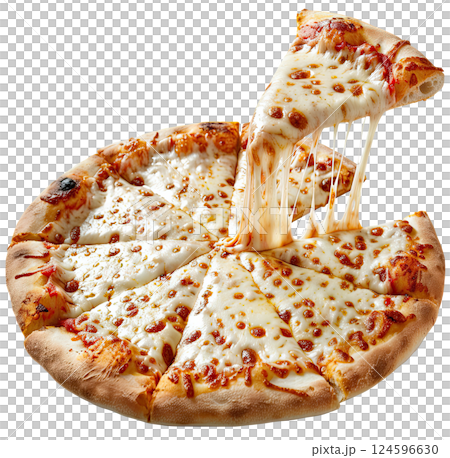 Fresh hot pizza with melting cheese on white background and one separating piece, cut-out, clipping path, transparent Fresh hot pizza with melting cheese on white background and one separating piece, cut-out, clipping path, transparent 124596630
