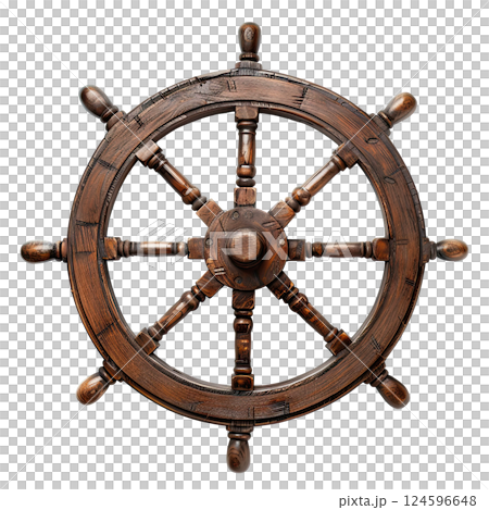 Isolated Vintage Wooden And Brass Ship's Steering Wheel on White Background, cut-out, clipping path, transparent 124596648