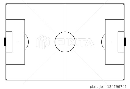 Top-view soccer field with coach tactics. Play plan diagram and pitch line markings. Flat vector illustration isolated on white background. 124596743