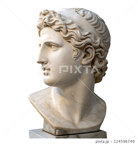 Elegant marble bust of a classical greek or roman figure isolated on a transparent background, antique sculpture, historical art 124596749
