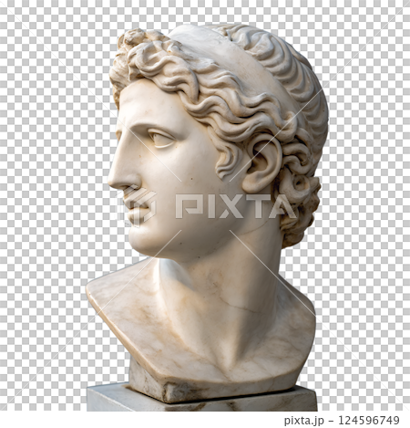 Elegant marble bust of a classical greek or roman figure isolated on a transparent background, antique sculpture, historical art 124596749