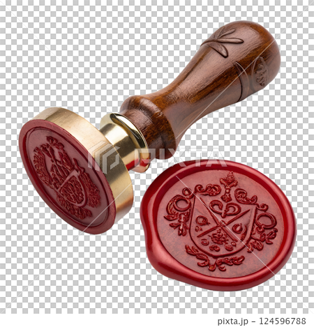 Vintage red wax seal stamp with intricate design, isolated on transparent background 124596788