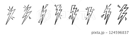 Thunder lightning hand drawn sketch outline. Electric flash doodle lightening sign. Flat vector illustration isolated on white background. 124596837