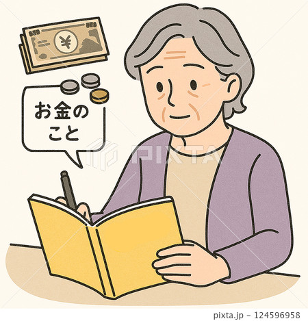 お金のことをノートに記録する高齢女性のイラスト お金のことをノートに記録する高齢女性のイラスト 124596958